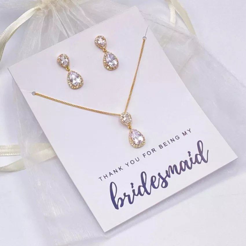 'Thank You For Being My Bridesmaid' Gold Teardrop Crystal Jewellery Set | LFXTYDROP02